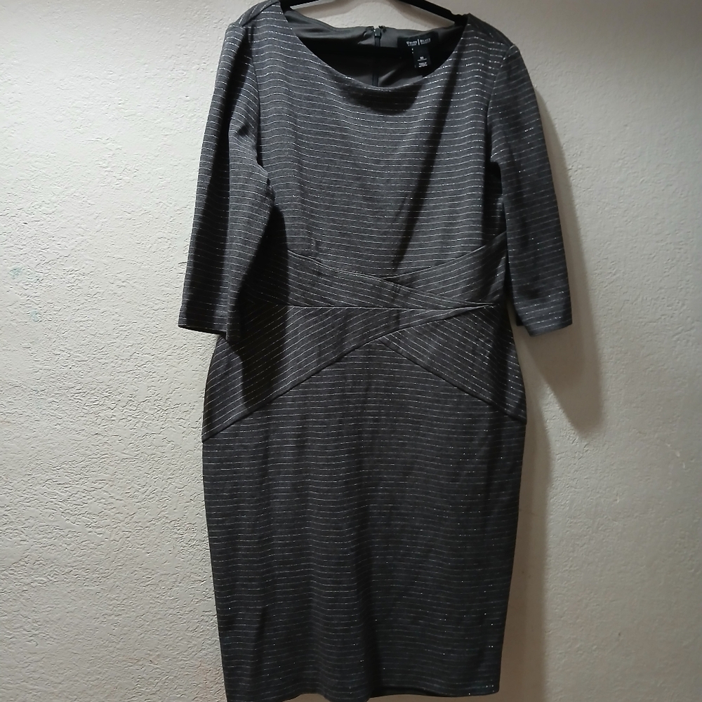 White House Black Market Charcoal Sheath Dress with Silver Pinstripes